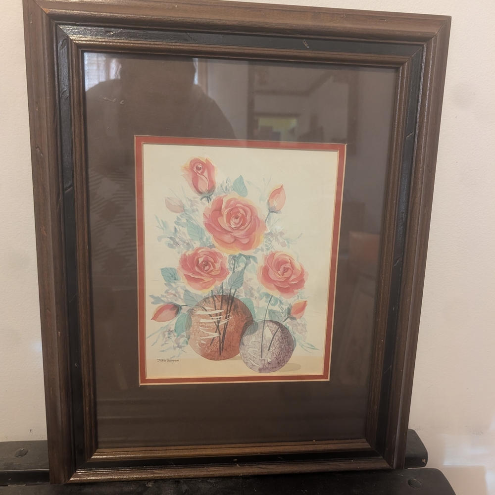Framed Floral Art Print with Pink Roses